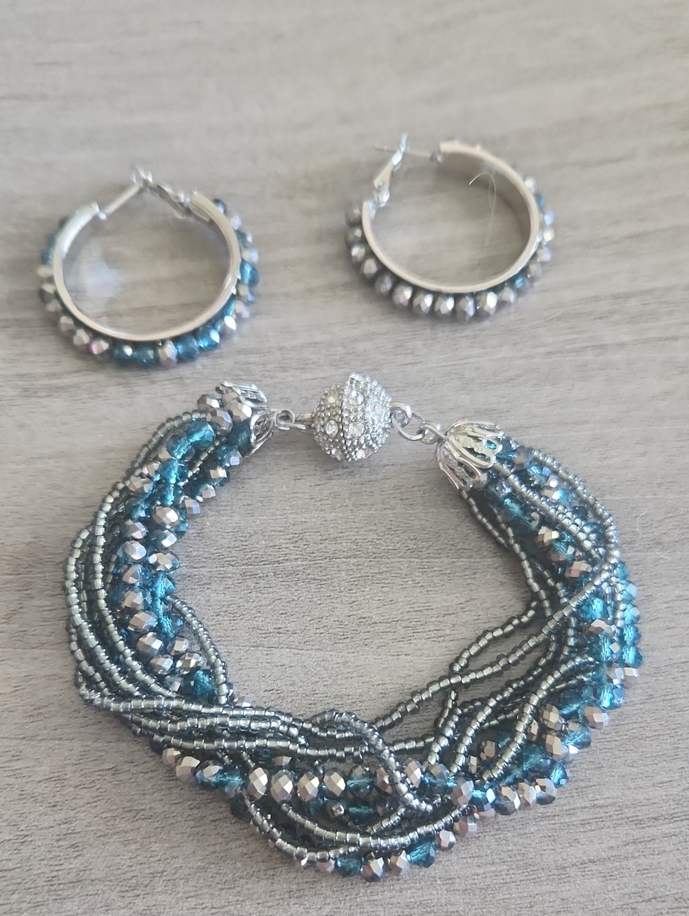 Multi-Strand Teal and Silver Beaded Bracelet with Hoop Earrings